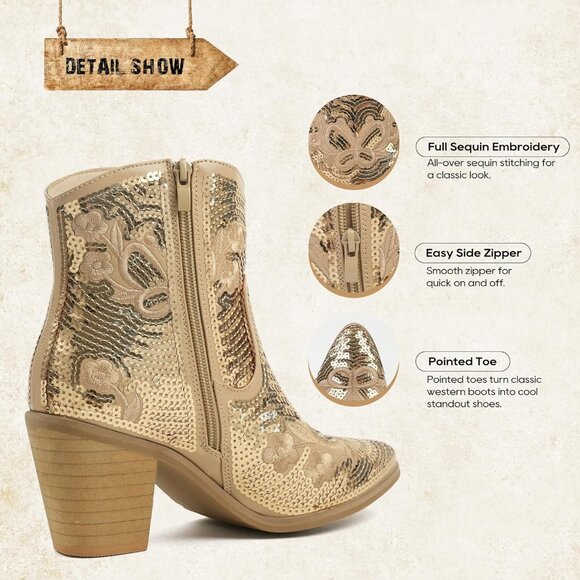 Women's Sparkling Gold Shiny Sequin Embroidery Ankle Pointed Toe Western Boot - Picture 4 of 7